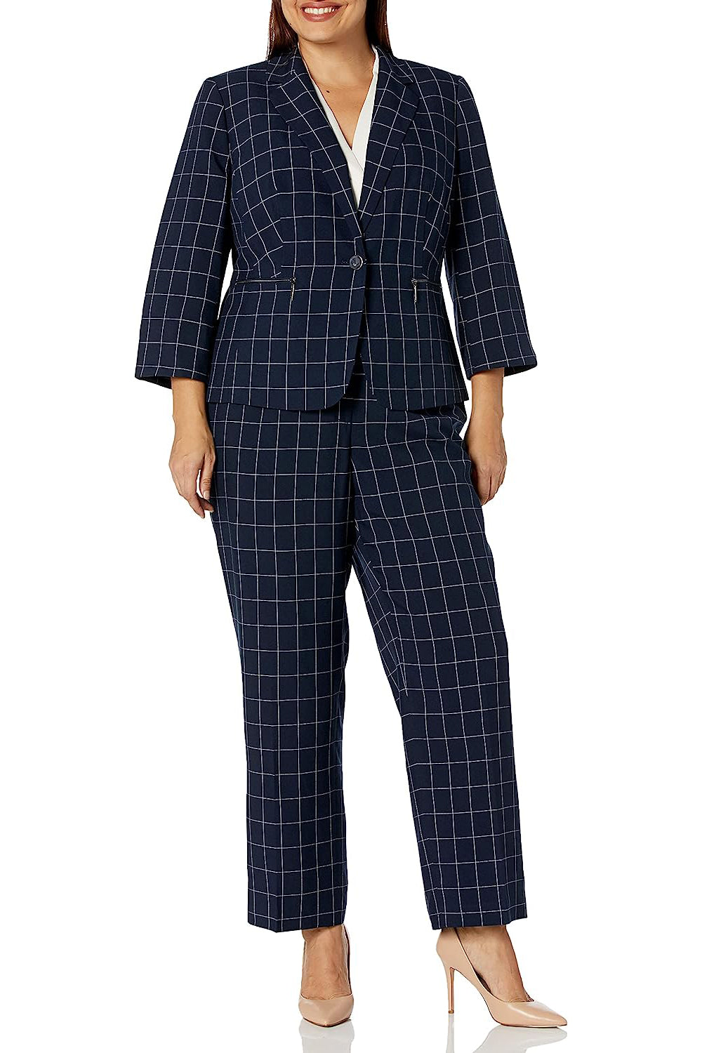 Le Suit Notched Collar One Button Closure Shoulder Pads Zip Pockets with Mid Rise Zipper with Hook and Bar Closure - NAVY WHITE - front
