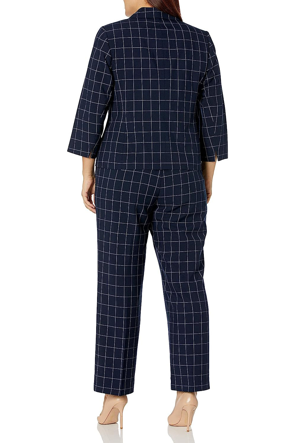 Le Suit Notched Collar One Button Closure Shoulder Pads Zip Pockets with Mid Rise Zipper with Hook and Bar Closure - NAVY WHITE - back