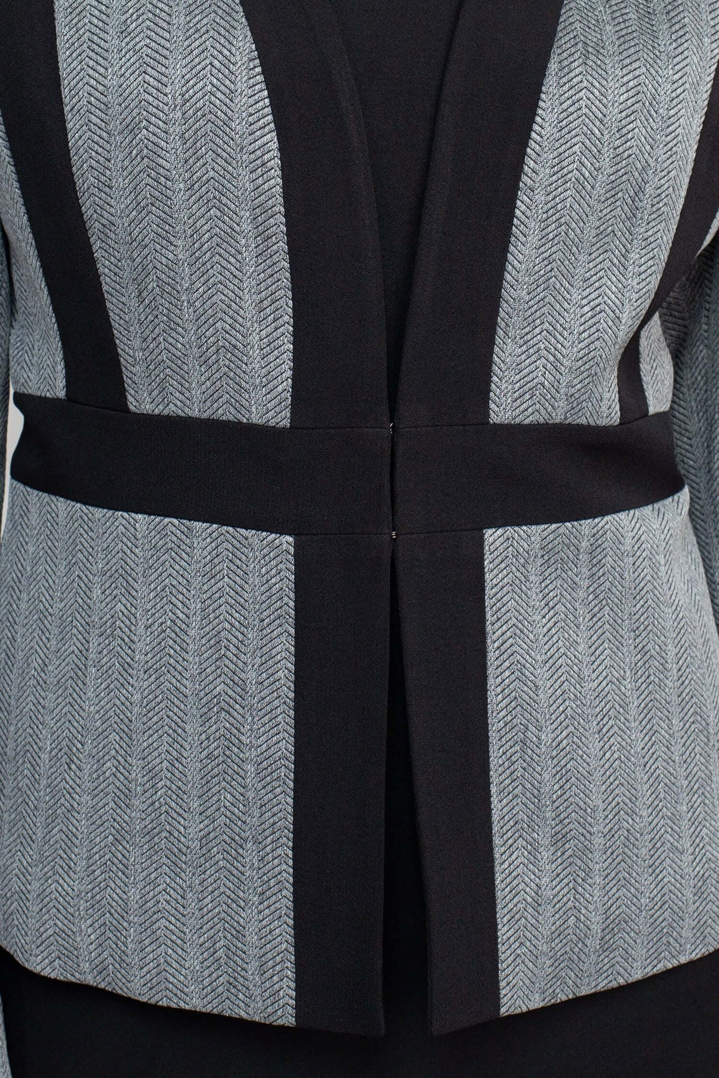 Le Suit Boat Neck Sleeveless Solid Zipper Back Short Crepe Dress with Melange Herringbone Framed Cardi Jacket (Two Piece) - HEATHER GREY BLACK - Fabric