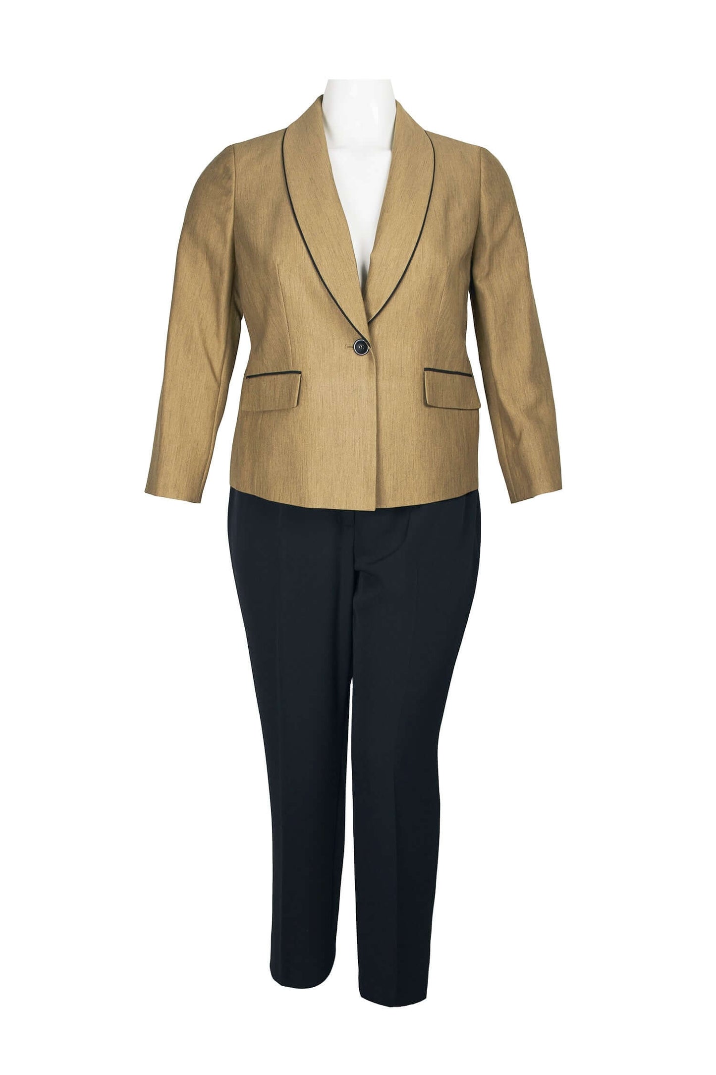 Le Suit V-Neck Long Sleeve Shawl Collar One Button Closure Mini Herringbone Jacket with Mid Waist Elastic Back Waist Solid Slim Pants (Plus Size) - DIJON BLACK - Front Full View