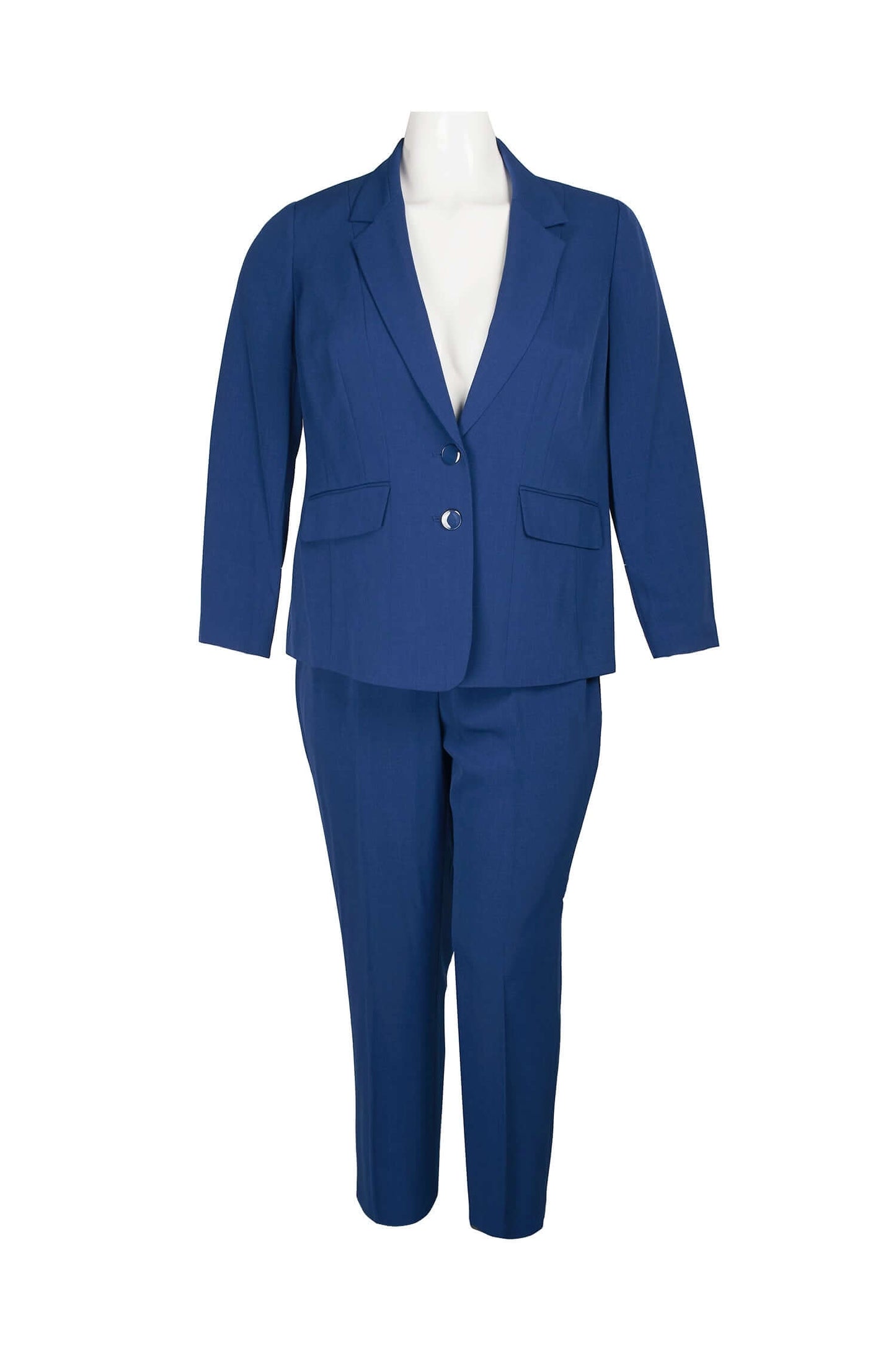 Le Suit Notched Collar Long Sleeve 2 Button Closure Solid Crepe Jacket with Mid Waist Elastic Back Solid Slim Pants (Plus Size) - TWILIGHT BLUE - Front