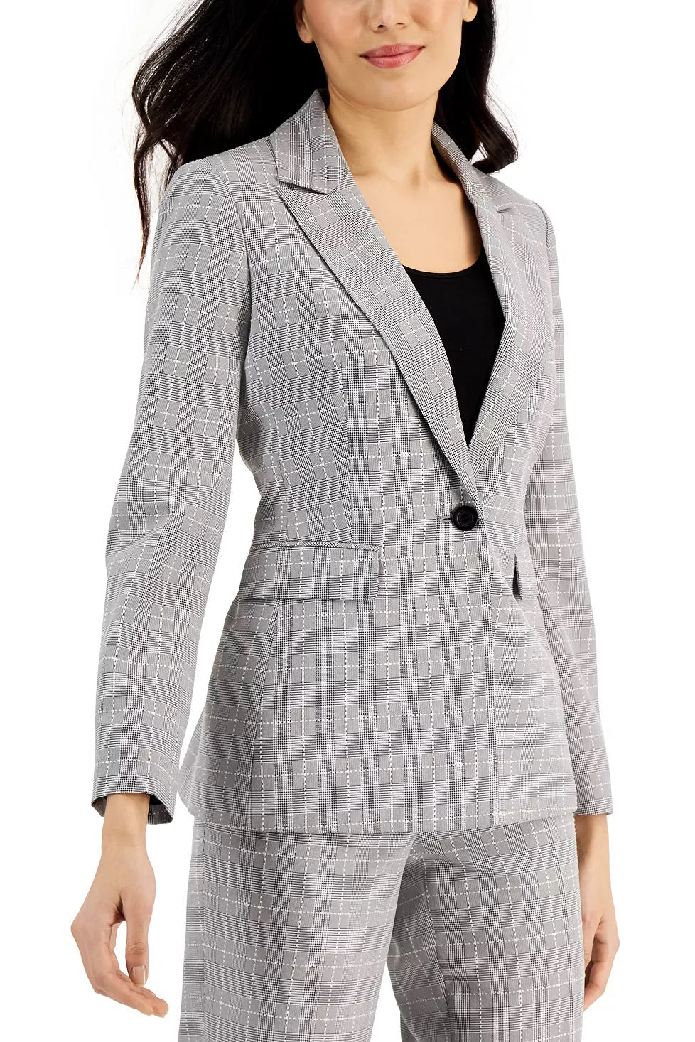 Le Suit Notched Collar Long Sleeve One Button Closure Front Shoulder Pads Flap Pockets Crepe Jacket with Pants (Petite) - Wholesale - BLACK WHITE - Front view