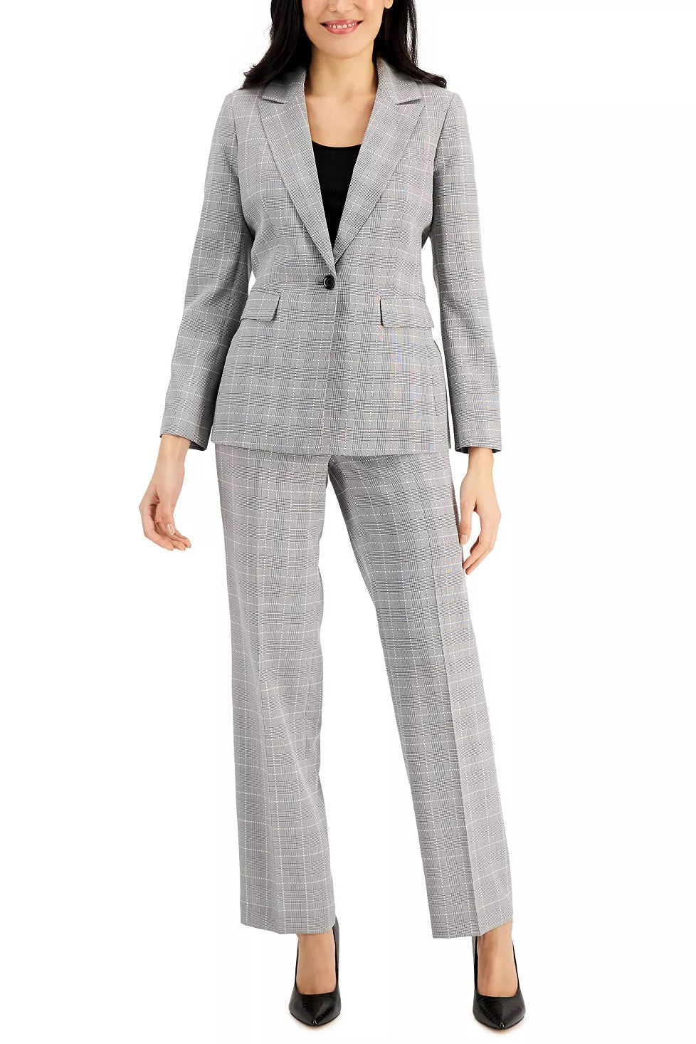 Le Suit Notched Collar Long Sleeve One Button Closure Front Shoulder Pads Flap Pockets Crepe Jacket with Pants (Petite) - Wholesale - BLACK WHITE - Front