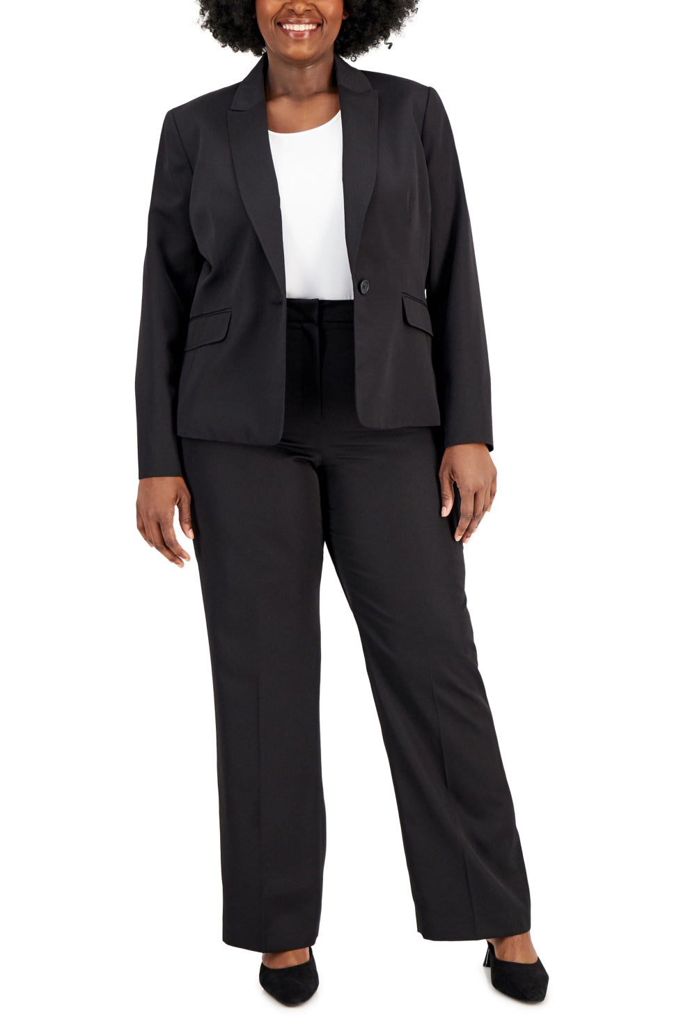 Le Suit Notched Collar Long Sleeve One Button Closure Jacket with Mid Waist Zipper Hook and Bar Closure Pant (Plus Size) - BLACK - Front