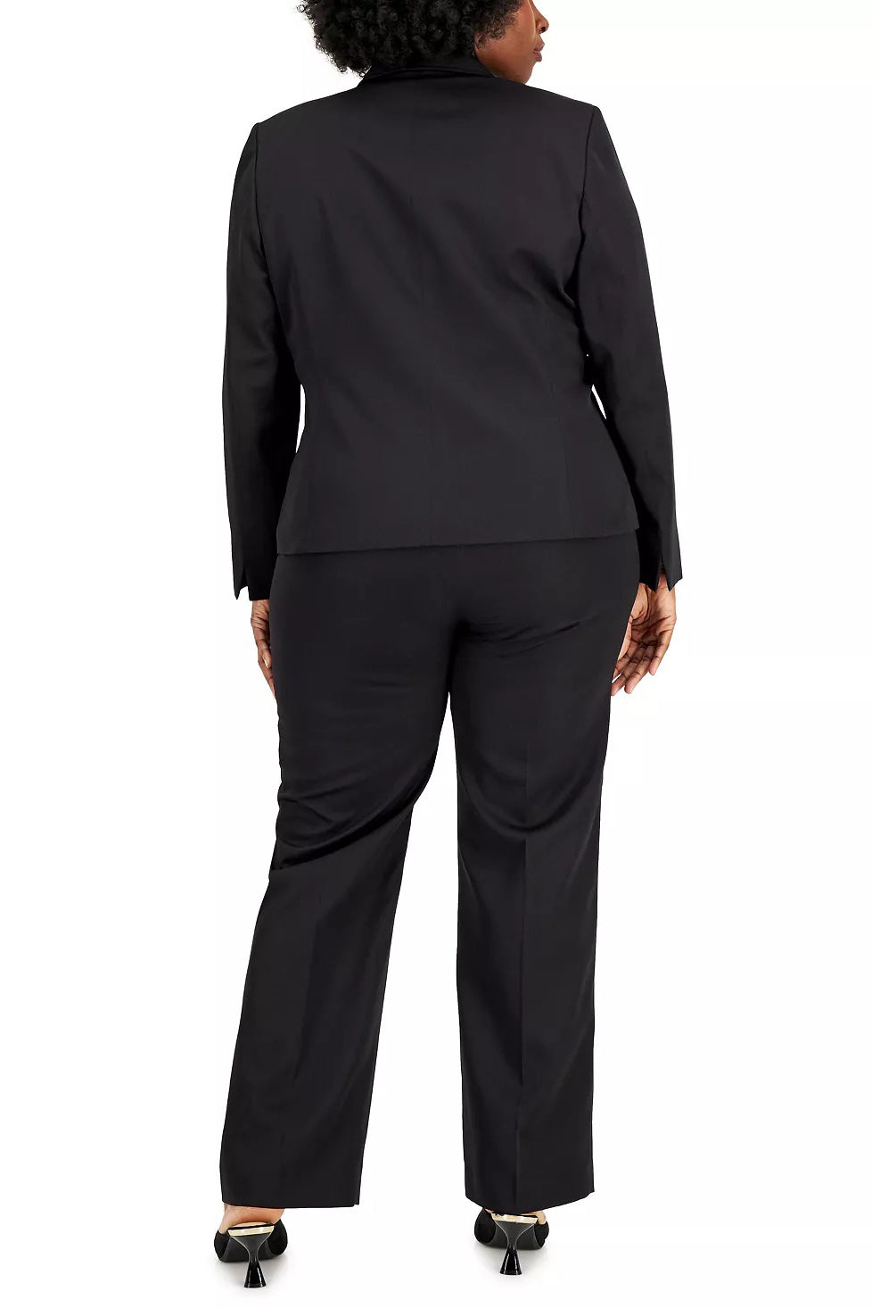Le Suit Notched Collar Long Sleeve One Button Closure Jacket with Mid Waist Zipper Hook and Bar Closure Pant (Plus Size) - BLACK - Back