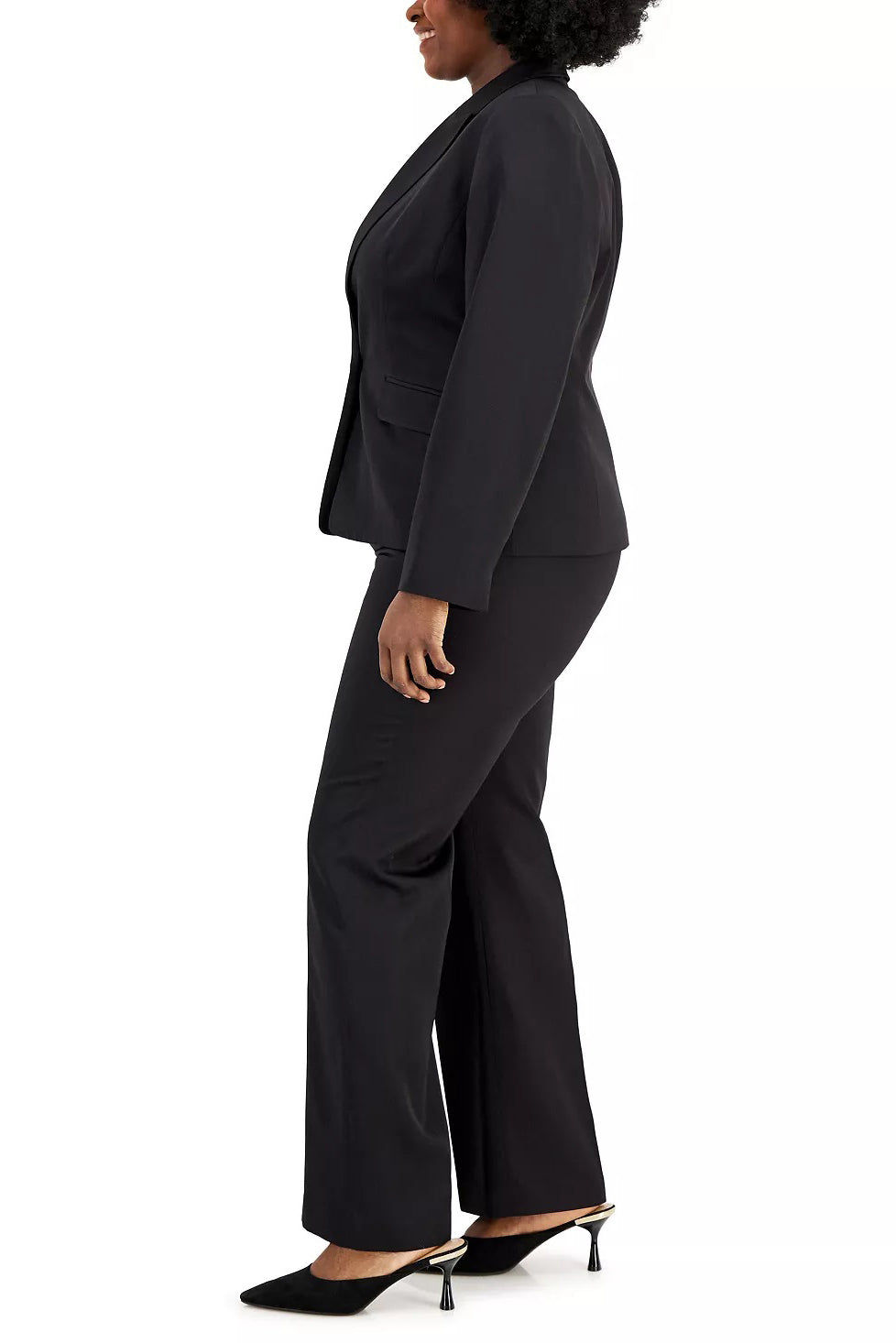 Le Suit Notched Collar Long Sleeve One Button Closure Jacket with Mid Waist Zipper Hook and Bar Closure Pant (Plus Size) - BLACK - Side