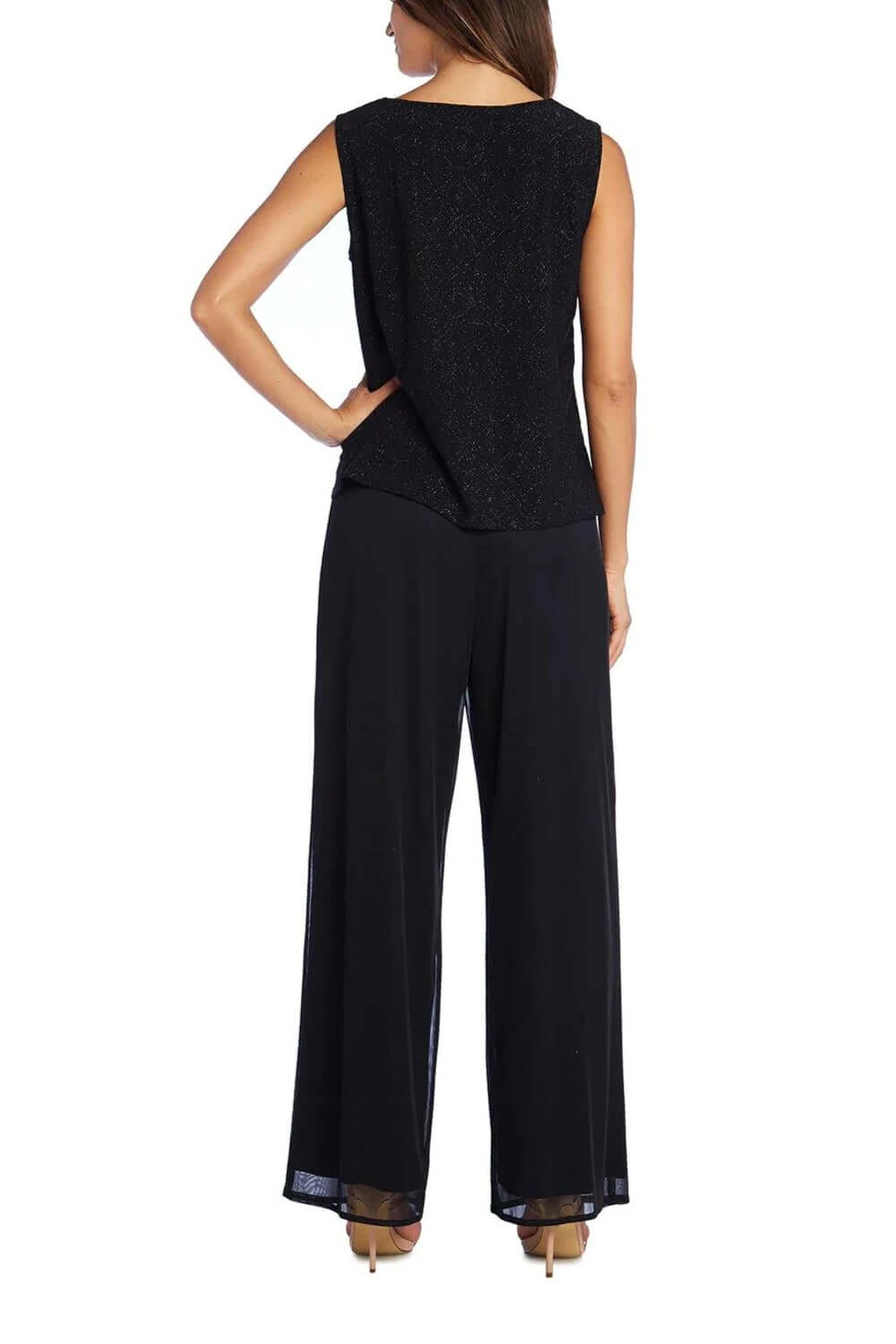 R&M Richards Scoop Neck Glitter ITY and Matte Duster Pants Set (Three Piece) - BLACK - Back Without Jacket
