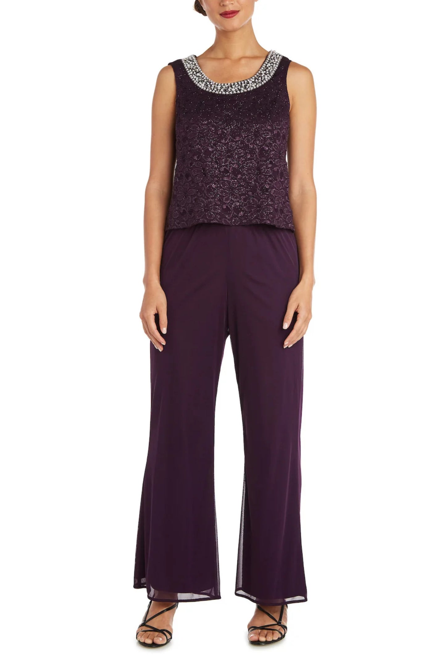 R&M Richards Scoop Neckline Lace Top Sheer Jacket Sheer Overlay Pants Three Piece Suit Dress