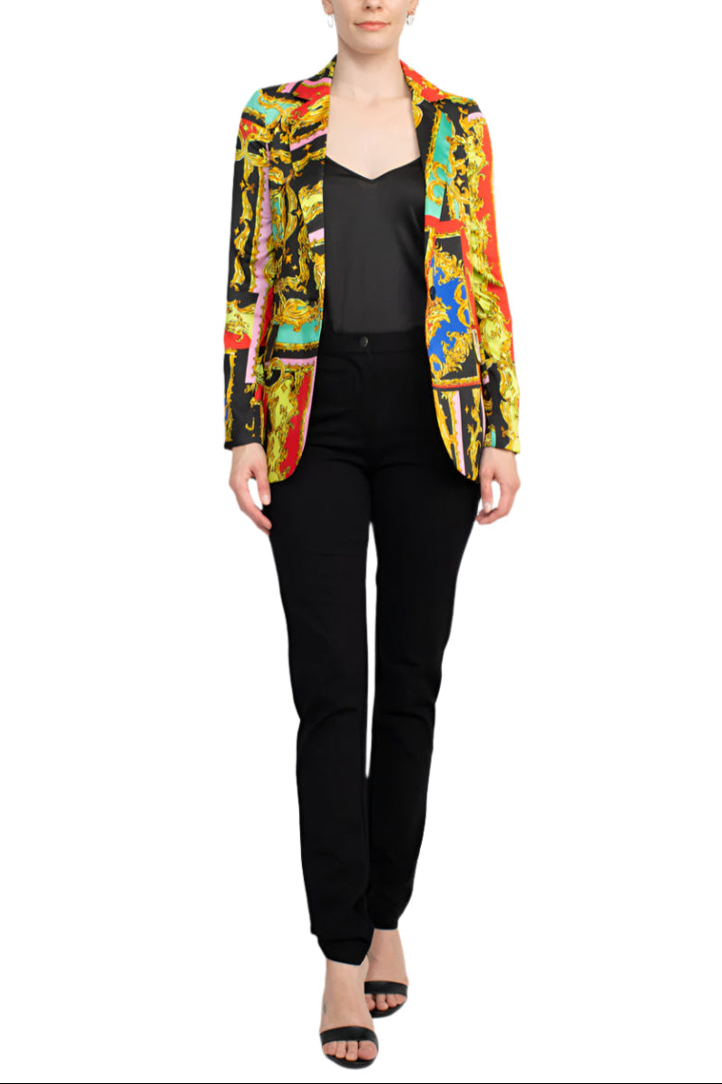 Industry Notched Collar One Button Closure Long Sleeve Multi Print Blazer - MULTI - Front Full View