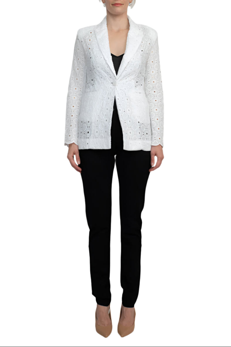 Industry Lapel Collar Long Sleeve One Button Closure Eyelet Lace Blazer - WHITE - Front Full View