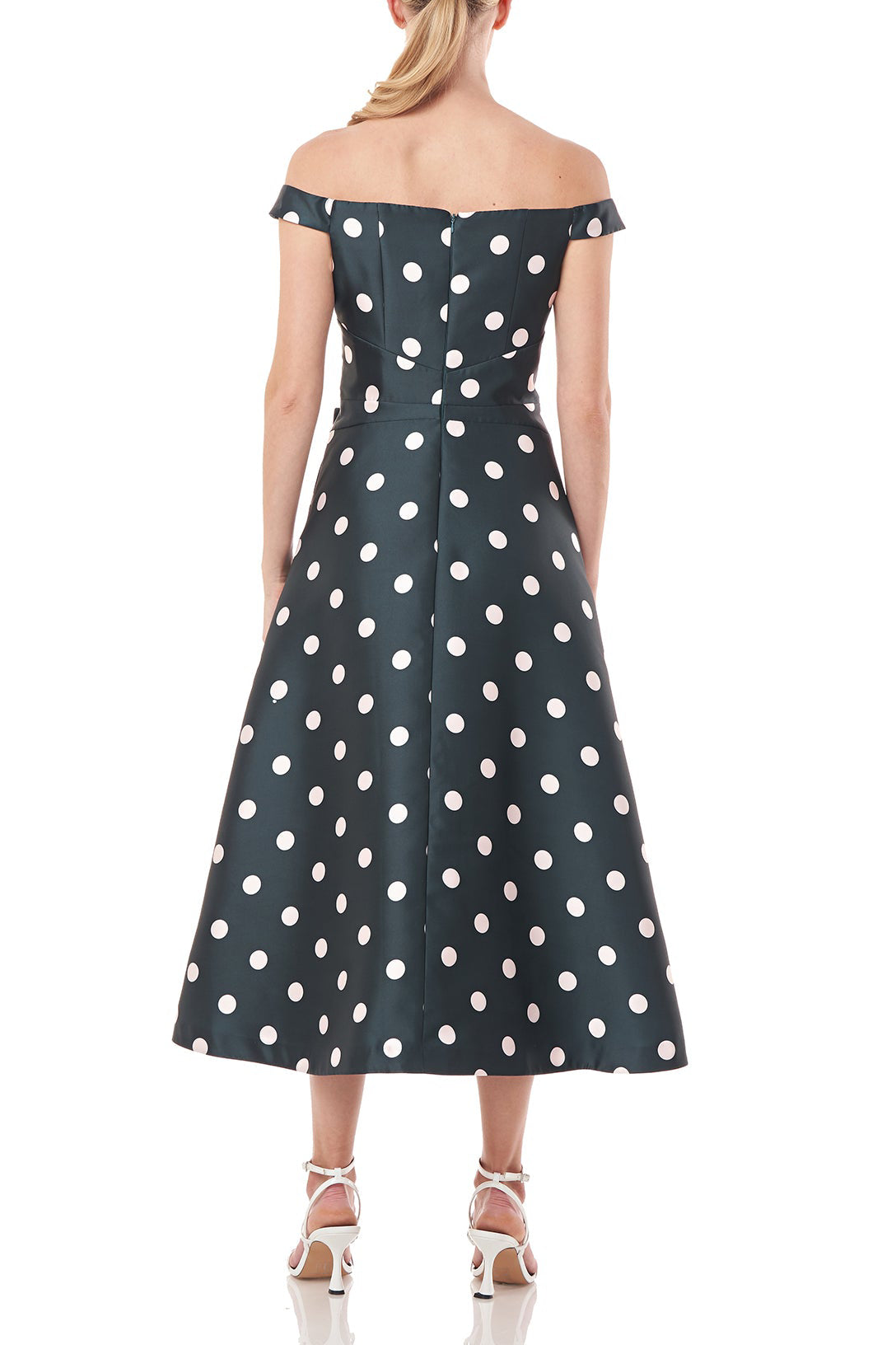 Kay Unger Off-Shoulder Zipper Back Ruffle Flared Tea Length Skirt Polka Dot Print Jacquard Dress with Pockets - DARK BASIL SEA SALT - back