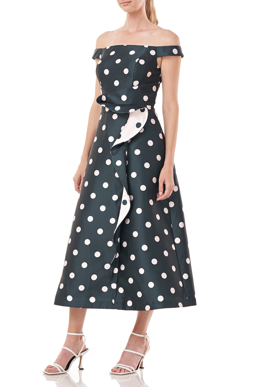 Kay Unger Off-Shoulder Zipper Back Ruffle Flared Tea Length Skirt Polka Dot Print Jacquard Dress with Pockets - DARK BASIL SEA SALT - front