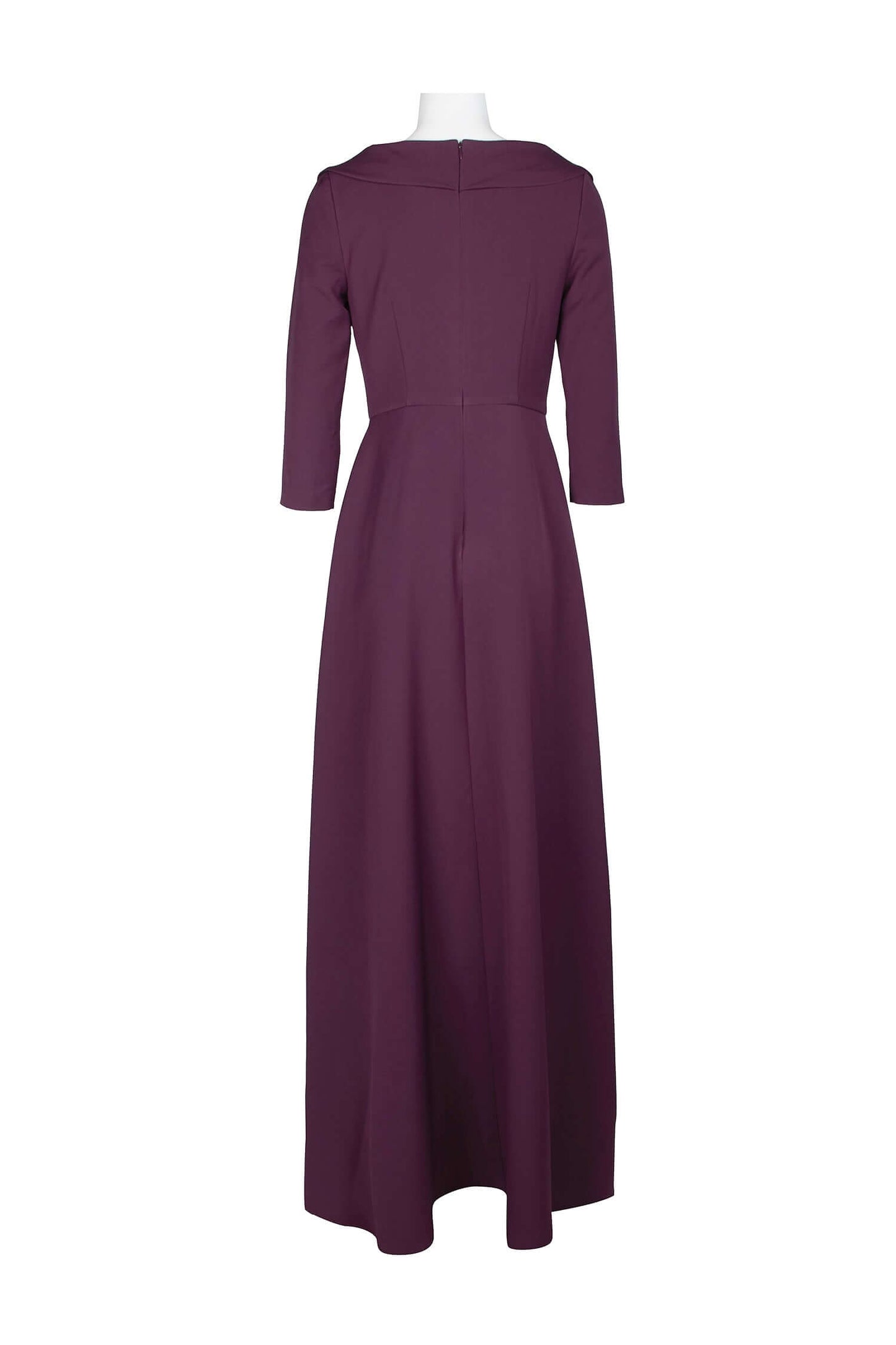 Kay Unger Scoop Neck 3/4 Sleeve Lapel Collar Solid Stretch Crepe Jumpsuit - PLUM - BACK