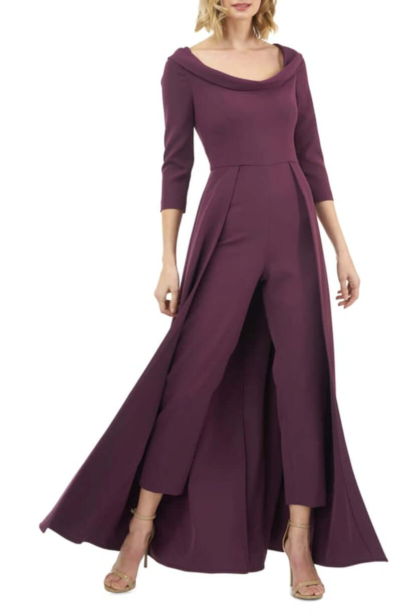 Kay Unger Scoop Neck 3/4 Sleeve Lapel Collar Solid Stretch Crepe Jumpsuit - PLUM - FRONT
