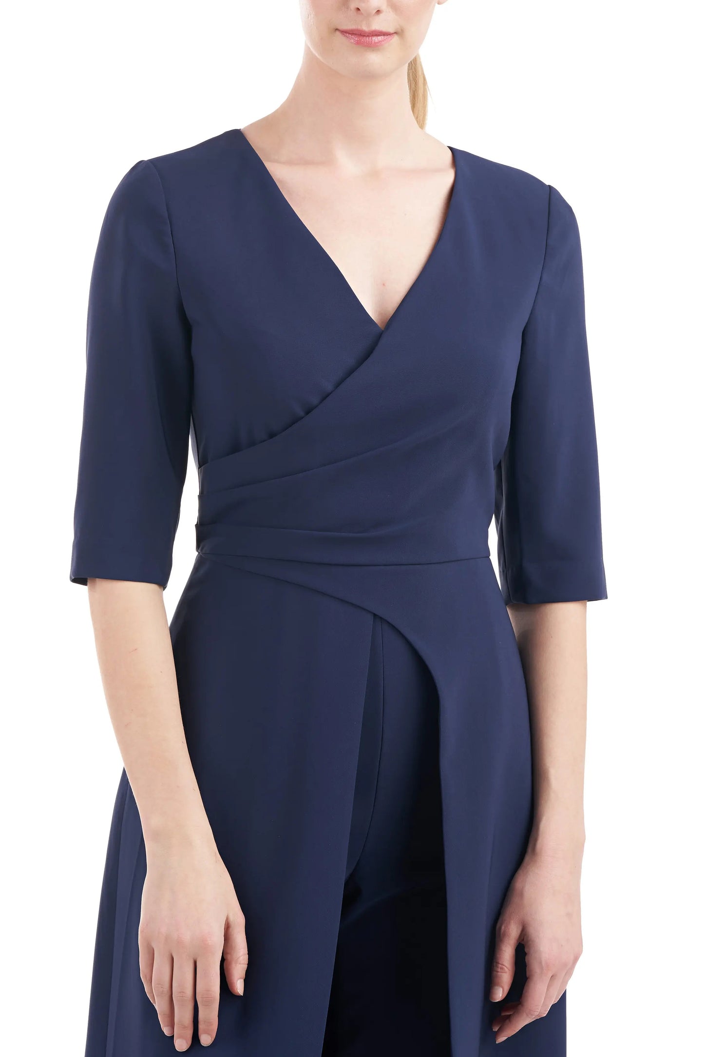 Kay Unger V-Neck 3/4 Sleeve Solid Zipper Back Full-Length Skirt With Walk-Through Front Cutout Crepe Jumpsuit - MIDNIGHT - Fabric
