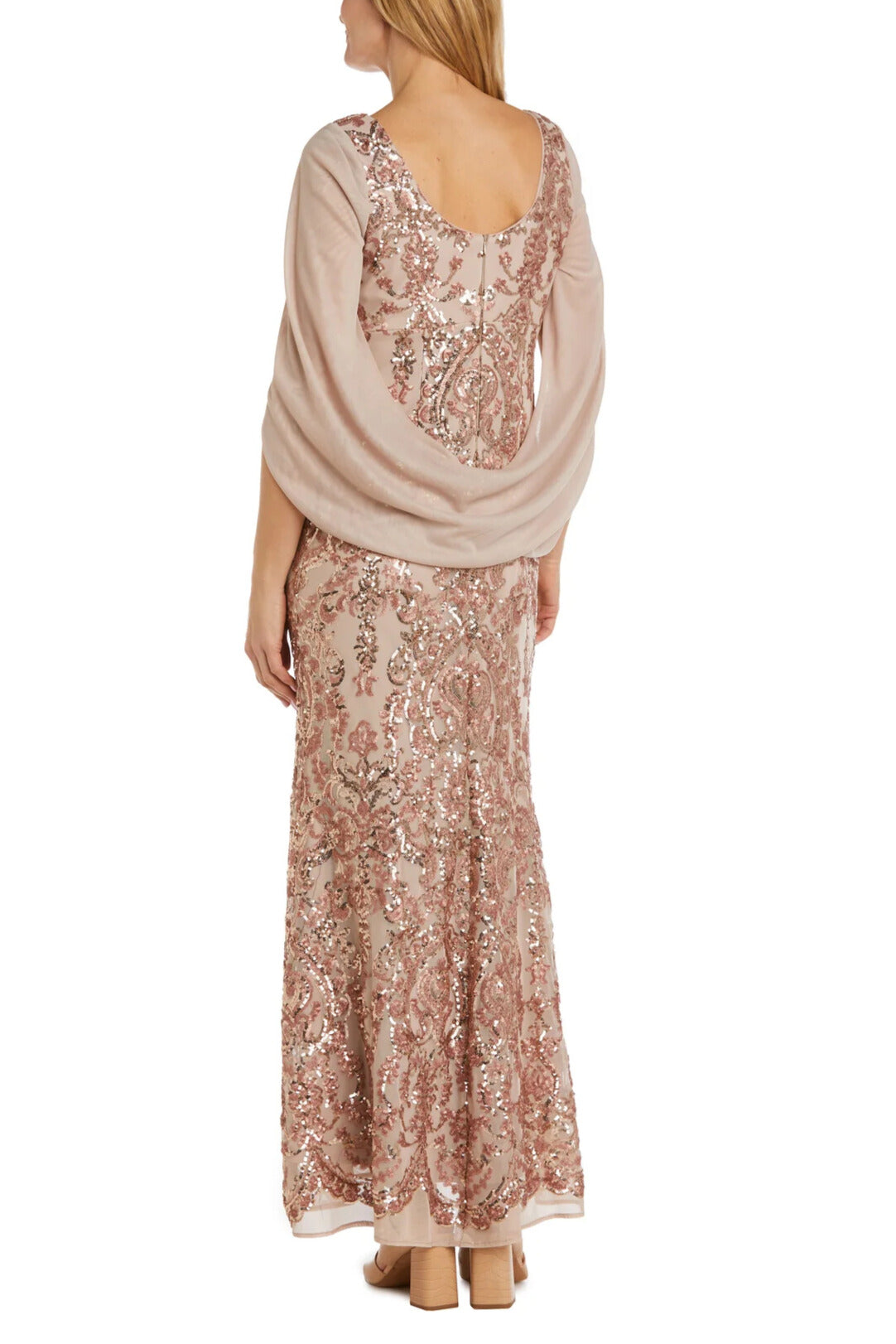 R&M Richards V-Neckline Sheer Wrap Drape Cape Sequin Gown Dress - ROSE GOLD - Back