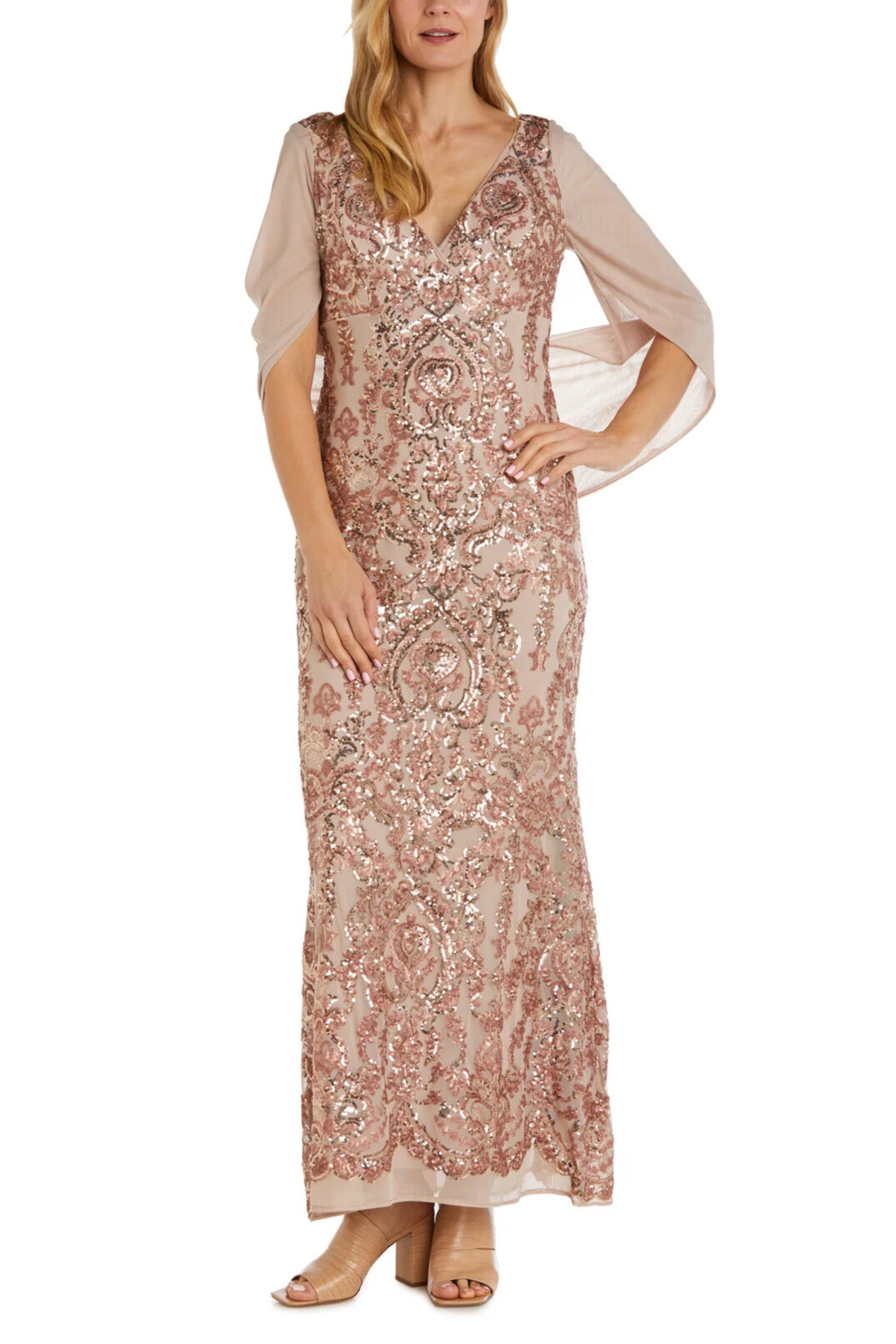 R&M Richards V-Neckline Sheer Wrap Drape Cape Sequin Gown Dress - ROSE GOLD - Front