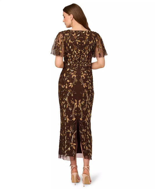 V-Neck Tea-Length Beaded Mesh Evening Gown with Flutter Sleeves Cocktail Dress Adrianna Papell AP1E211444