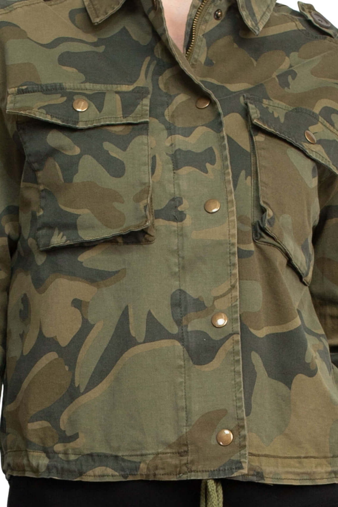 Velvet Heart Collared Snap Button & Zipper Closure Drawstring Hem Long Sleeve Multi Print Denim Jacket with Pockets - OLIVE CAMO - Fabric