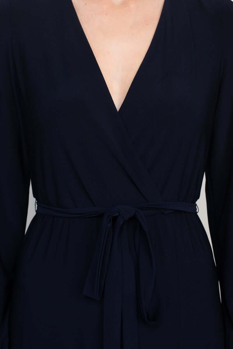 Marina V-Neck Long Sleeve Slit Front Solid Jersey Long Dress - NAVY - neck view