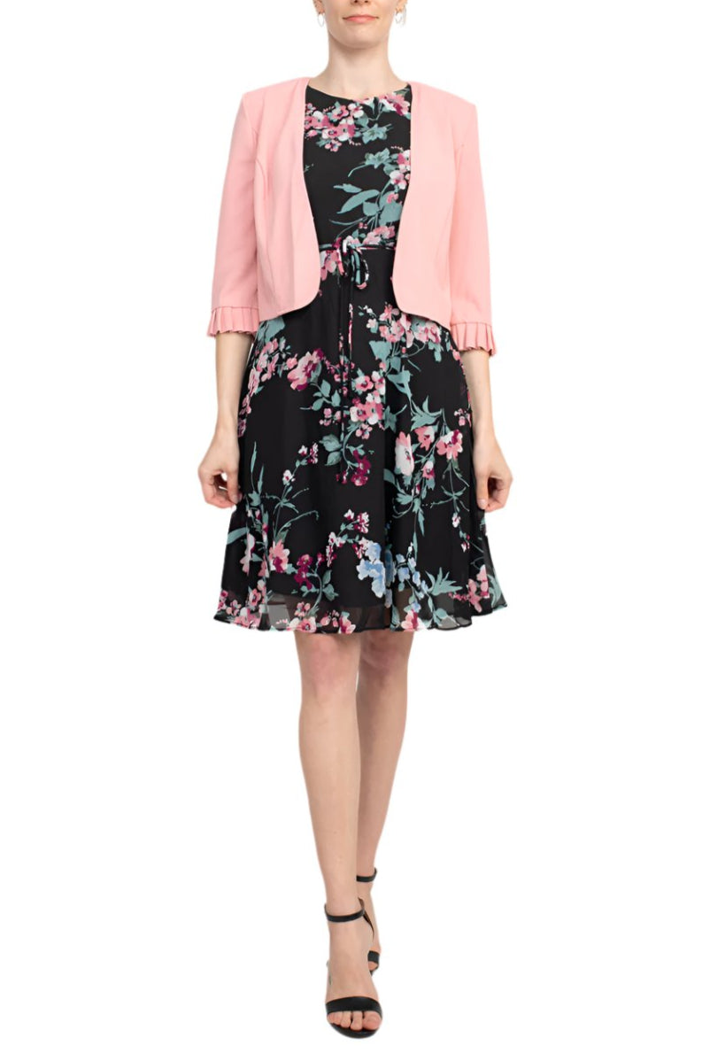 Studio One Crew Neck Sleeveless Tie Waist Floral Print Chiffon Dress with 3/4 Sleeve Textured Bolero - BLUSH BLACK - Front
