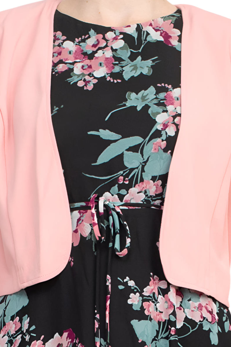 Studio One Crew Neck Sleeveless Tie Waist Floral Print Chiffon Dress with 3/4 Sleeve Textured Bolero - BLUSH BLACK - Fabric