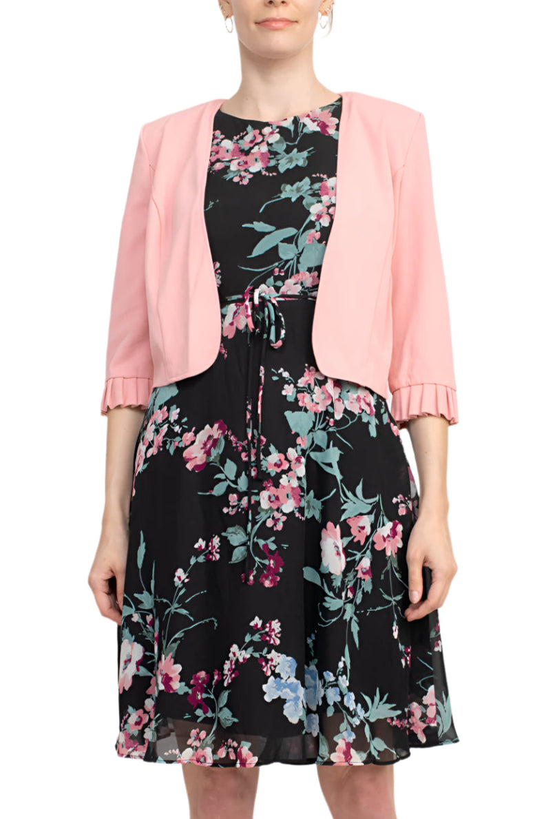 Studio One Crew Neck Sleeveless Tie Waist Floral Print Chiffon Dress with 3/4 Sleeve Textured Bolero - BLUSH BLACK - Front View