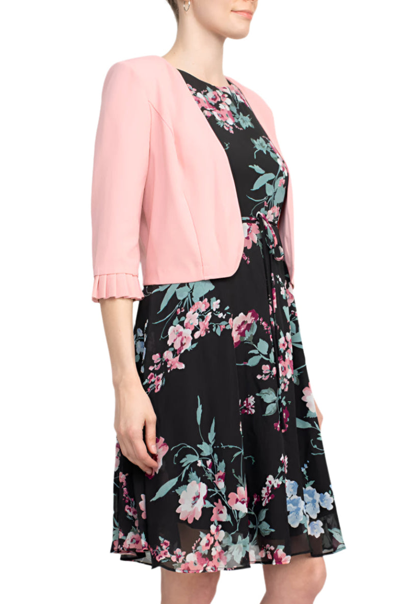 Studio One Crew Neck Sleeveless Tie Waist Floral Print Chiffon Dress with 3/4 Sleeve Textured Bolero - BLUSH BLACK - Side