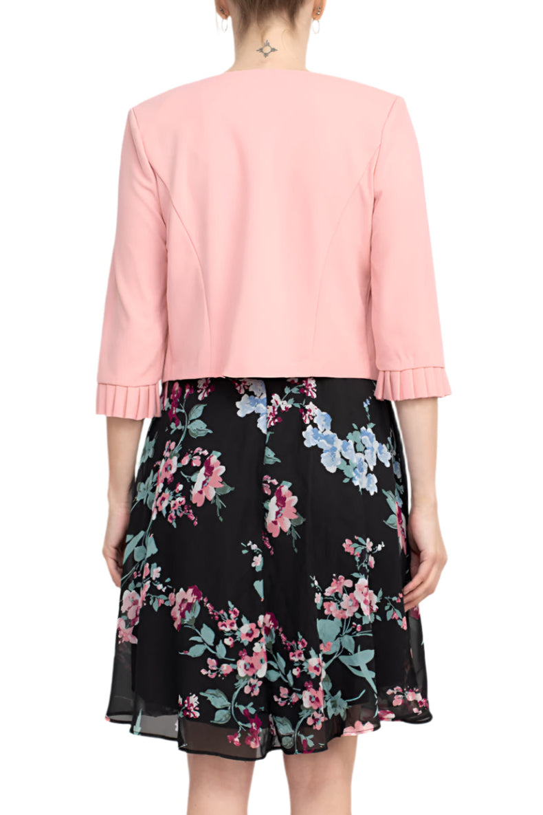 Studio One Crew Neck Sleeveless Tie Waist Floral Print Chiffon Dress with 3/4 Sleeve Textured Bolero - BLUSH BLACK - Back