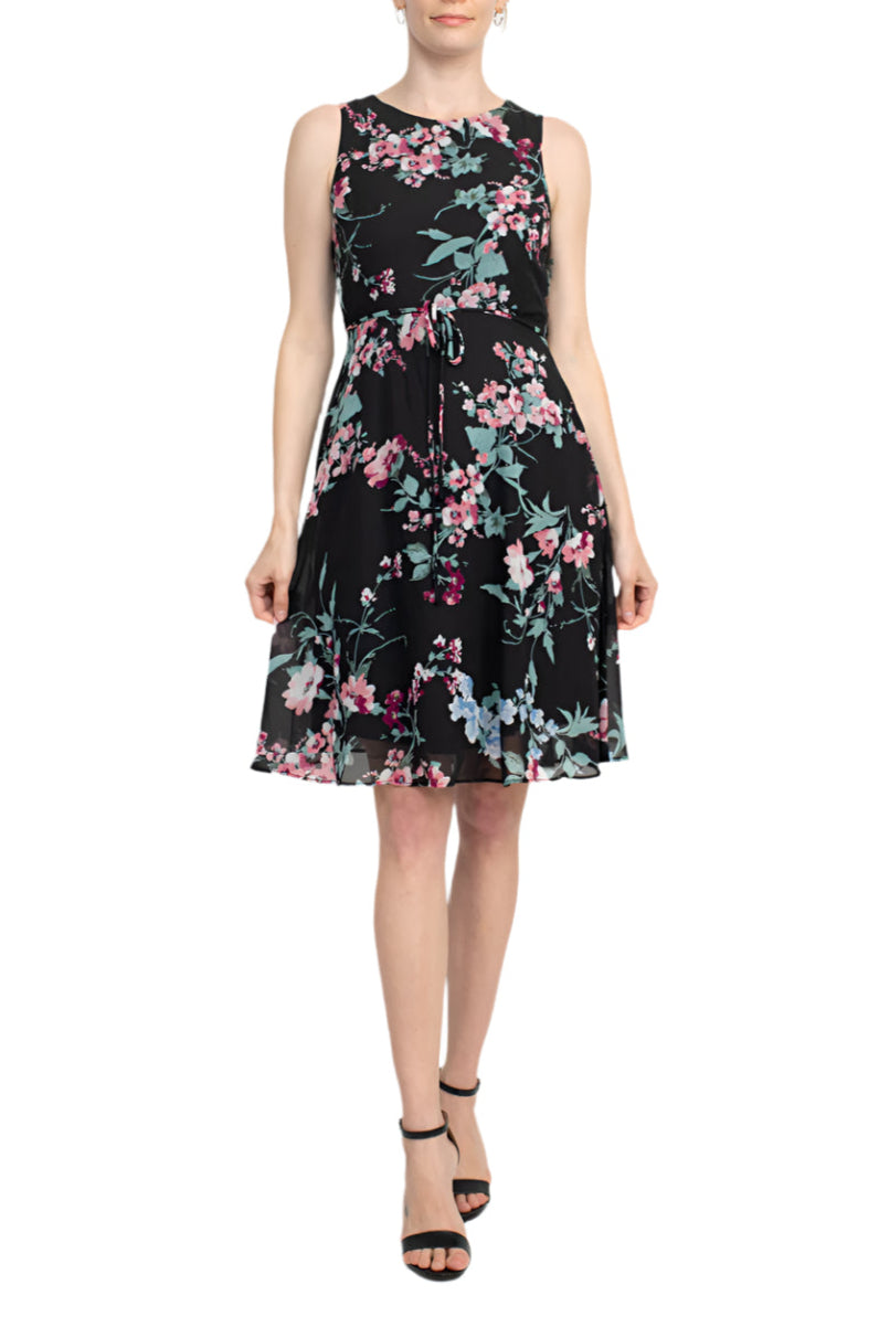 Studio One Crew Neck Sleeveless Tie Waist Floral Print Chiffon Dress with 3/4 Sleeve Textured Bolero - BLUSH BLACK - Front Without Jacket