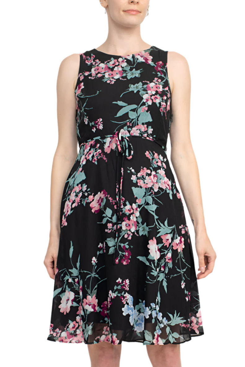 Studio One Crew Neck Sleeveless Tie Waist Floral Print Chiffon Dress with 3/4 Sleeve Textured Bolero - BLUSH BLACK - Front View Without Jacket