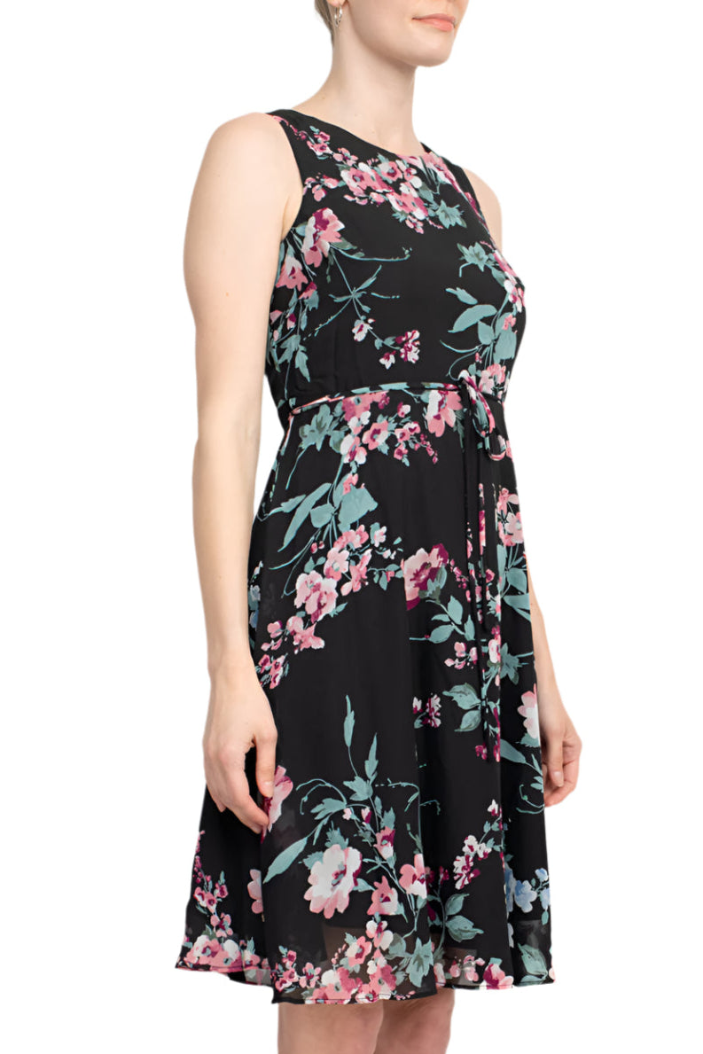 Studio One Crew Neck Sleeveless Tie Waist Floral Print Chiffon Dress with 3/4 Sleeve Textured Bolero - BLUSH BLACK - Side Without Jacket