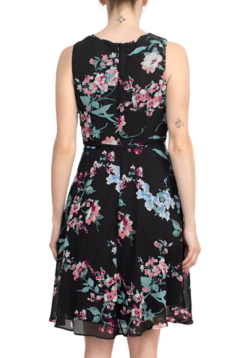 Studio One Crew Neck Sleeveless Tie Waist Floral Print Chiffon Dress with 3/4 Sleeve Textured Bolero - BLUSH BLACK - Back Without Jacket