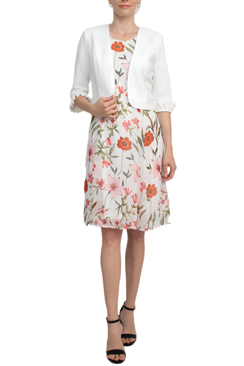 Studio One Scoop Neck Sleeveless Fit and Flare Floral Print Chiffon Dress with 3/4 Sleeve Solid Crepe Bolero - IVORY MULTI - Front