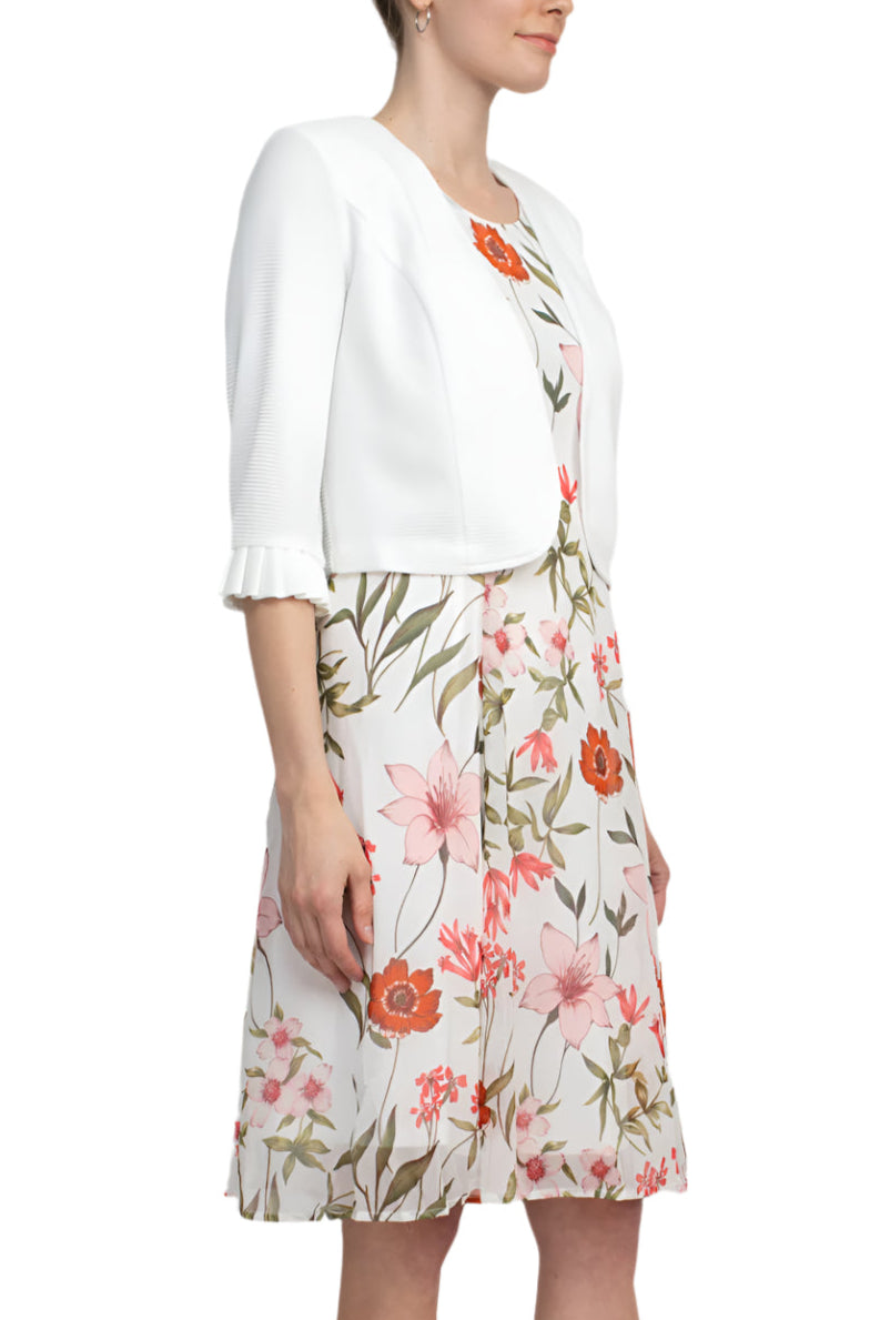 Studio One Scoop Neck Sleeveless Fit and Flare Floral Print Chiffon Dress with 3/4 Sleeve Solid Crepe Bolero - IVORY MULTI - Side