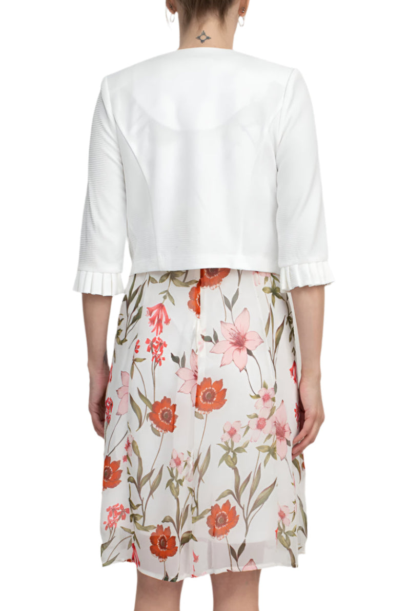 Studio One Scoop Neck Sleeveless Fit and Flare Floral Print Chiffon Dress with 3/4 Sleeve Solid Crepe Bolero - IVORY MULTI - Back