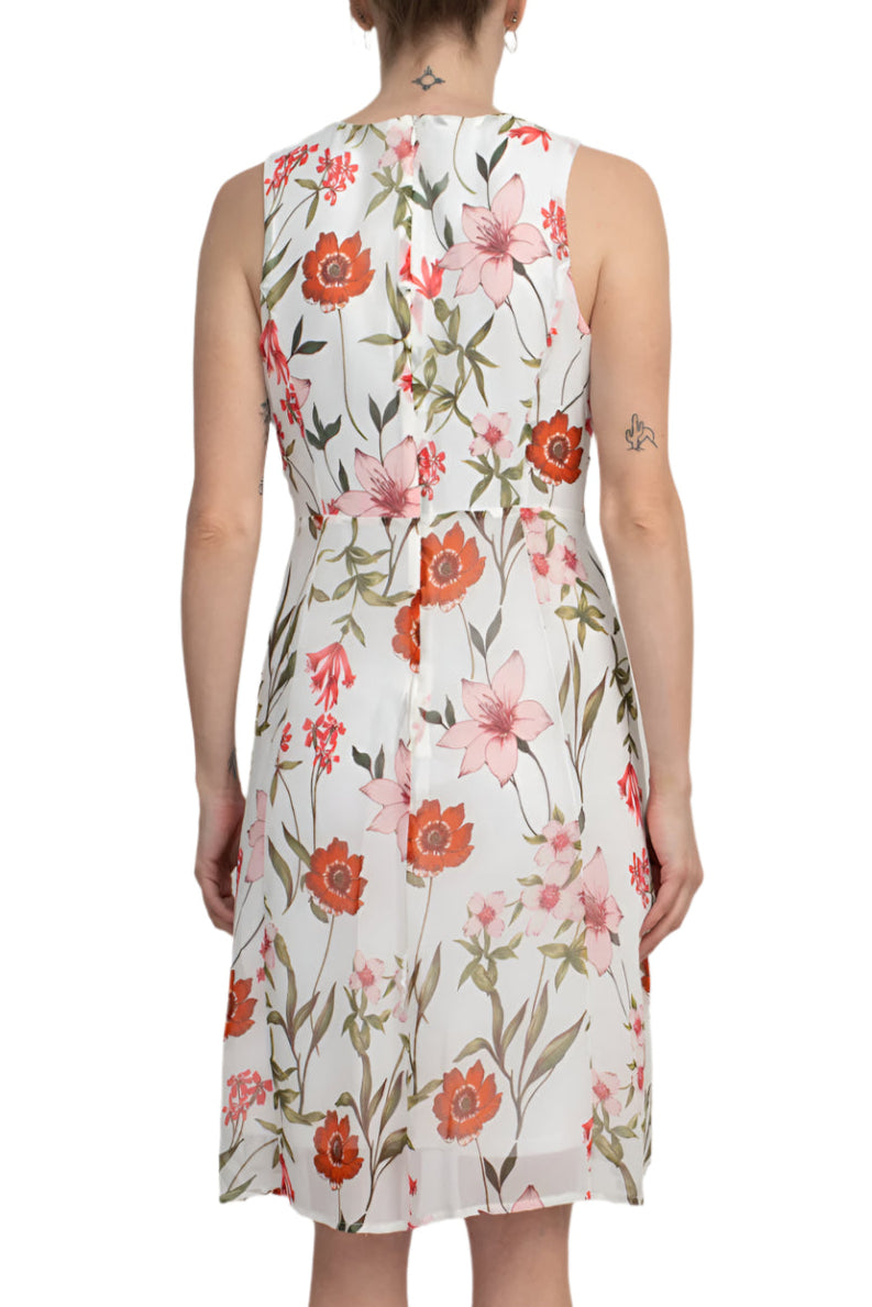Studio One Scoop Neck Sleeveless Fit and Flare Floral Print Chiffon Dress with 3/4 Sleeve Solid Crepe Bolero - IVORY MULTI - Back Without Jacket