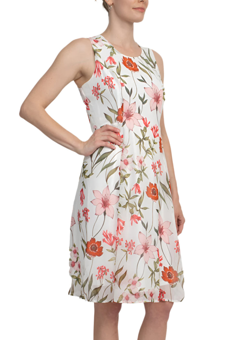 Studio One Scoop Neck Sleeveless Fit and Flare Floral Print Chiffon Dress with 3/4 Sleeve Solid Crepe Bolero - IVORY MULTI - Side Without Jacket