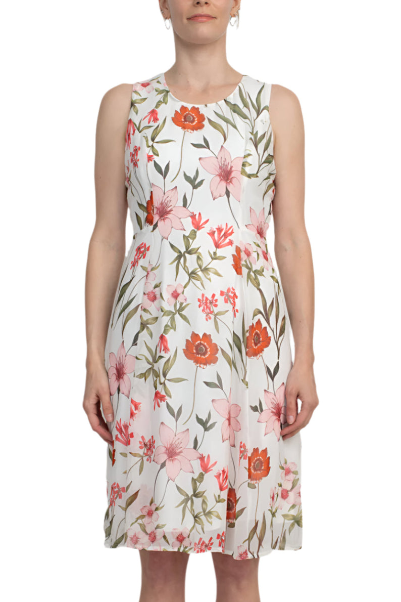 Studio One Scoop Neck Sleeveless Fit and Flare Floral Print Chiffon Dress with 3/4 Sleeve Solid Crepe Bolero - IVORY MULTI - Front View Without Jacket