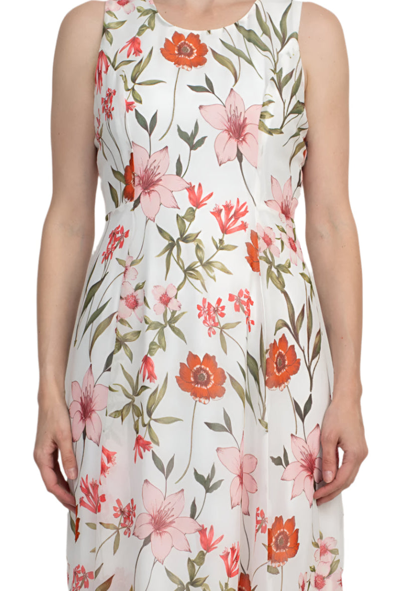 Studio One Scoop Neck Sleeveless Fit and Flare Floral Print Chiffon Dress with 3/4 Sleeve Solid Crepe Bolero - IVORY MULTI - Front Detail