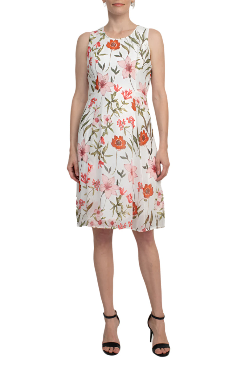 Studio One Scoop Neck Sleeveless Fit and Flare Floral Print Chiffon Dress with 3/4 Sleeve Solid Crepe Bolero - IVORY MULTI - Front Without Jacket
