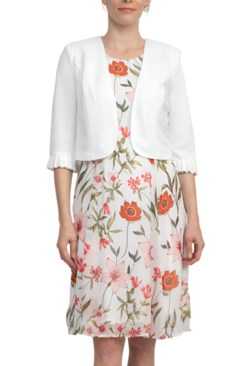 Studio One Scoop Neck Sleeveless Fit and Flare Floral Print Chiffon Dress with 3/4 Sleeve Solid Crepe Bolero - IVORY MULTI - Front View