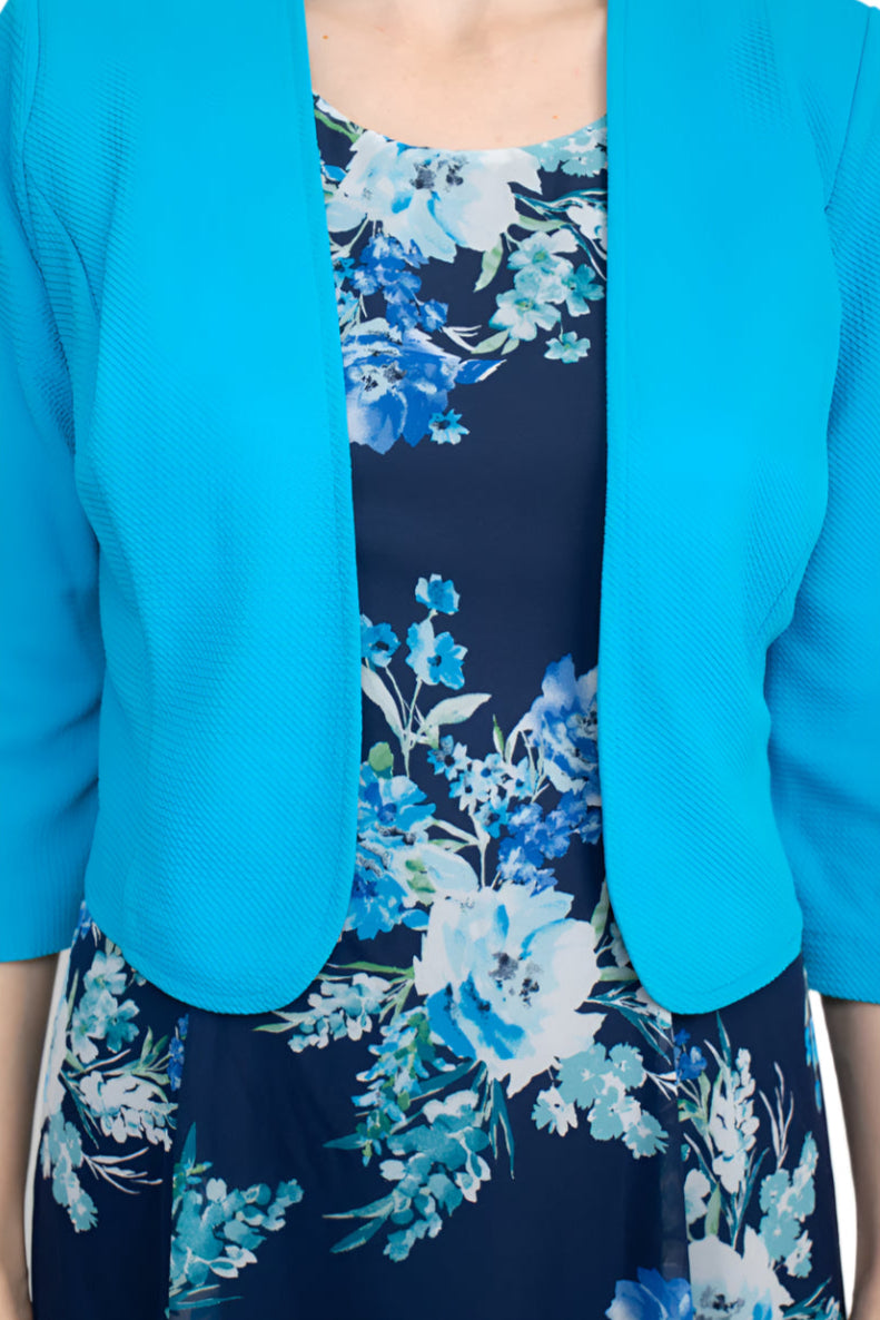 Studio One Scoop Neck Sleeveless A-Line Floral Print Chiffon Dress with 3/4 Sleeve Textured Bolero - BLUE MULTI - Fabric
