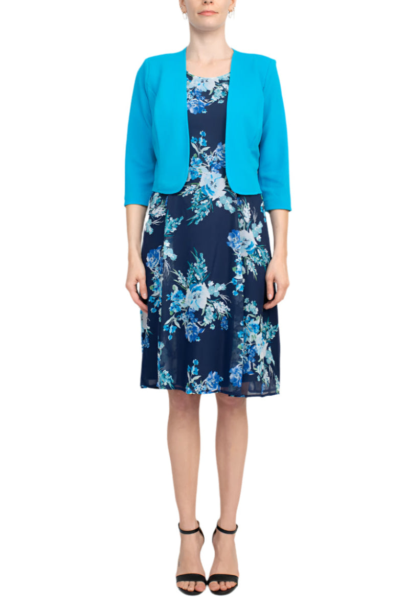 Studio One Scoop Neck Sleeveless A-Line Floral Print Chiffon Dress with 3/4 Sleeve Textured Bolero - BLUE MULTI - Front