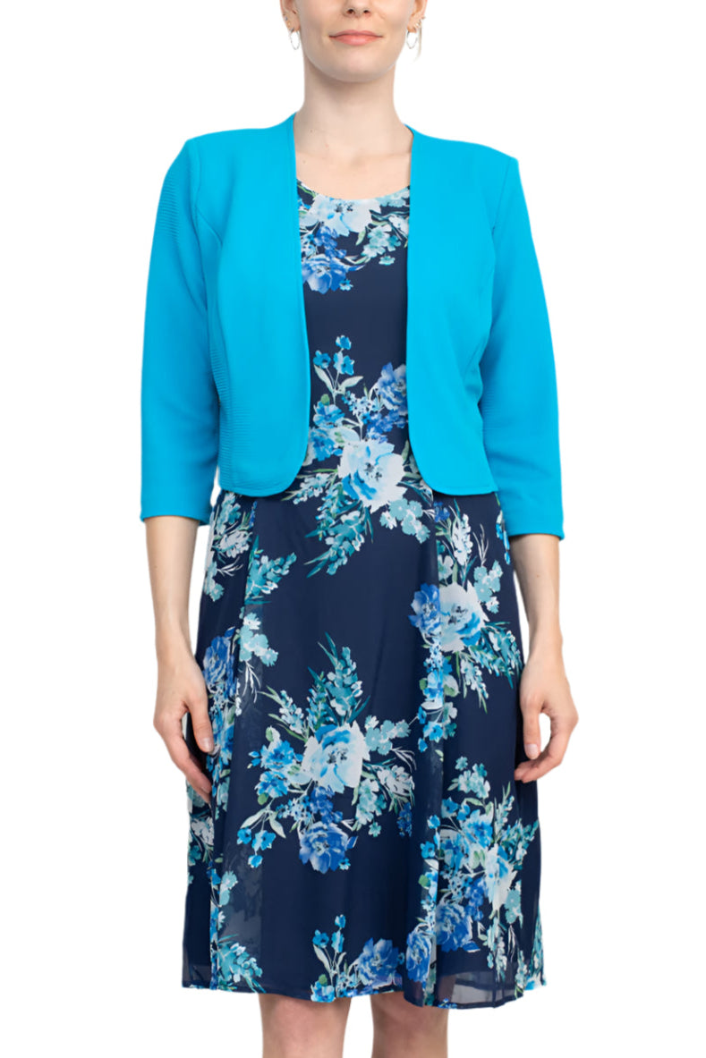 Studio One Scoop Neck Sleeveless A-Line Floral Print Chiffon Dress with 3/4 Sleeve Textured Bolero - BLUE MULTI - Front View