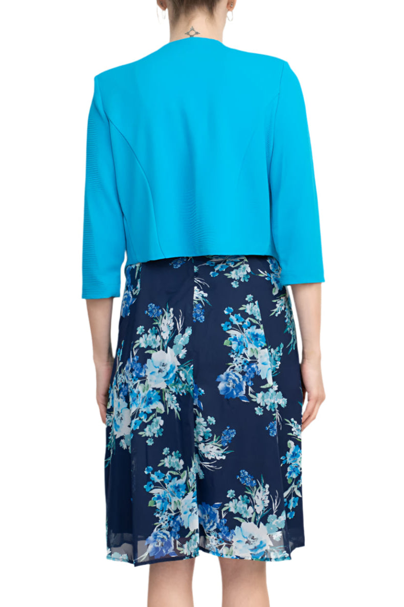 Studio One Scoop Neck Sleeveless A-Line Floral Print Chiffon Dress with 3/4 Sleeve Textured Bolero - BLUE MULTI - Back