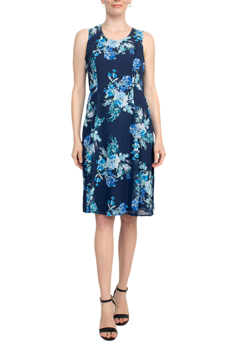Studio One Scoop Neck Sleeveless A-Line Floral Print Chiffon Dress with 3/4 Sleeve Textured Bolero - BLUE MULTI - Front Without Jacket