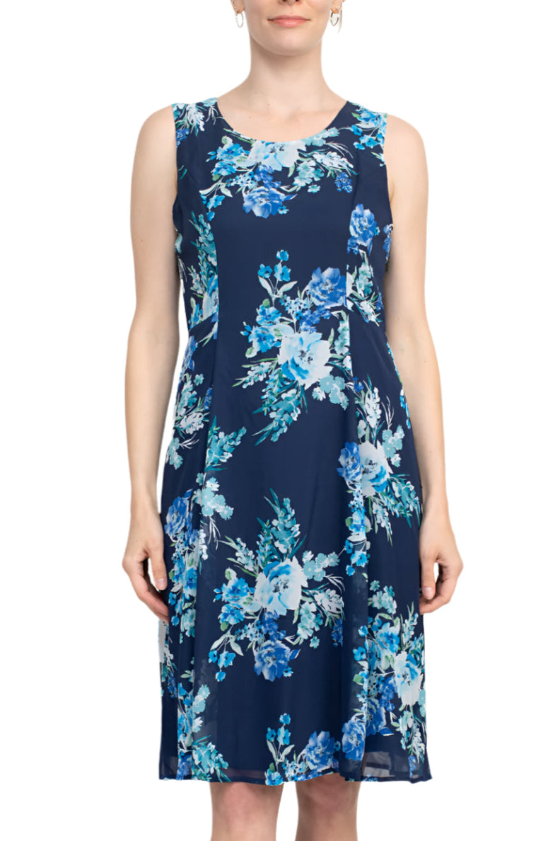 Studio One Scoop Neck Sleeveless A-Line Floral Print Chiffon Dress with 3/4 Sleeve Textured Bolero - BLUE MULTI - Front View Without Jacket