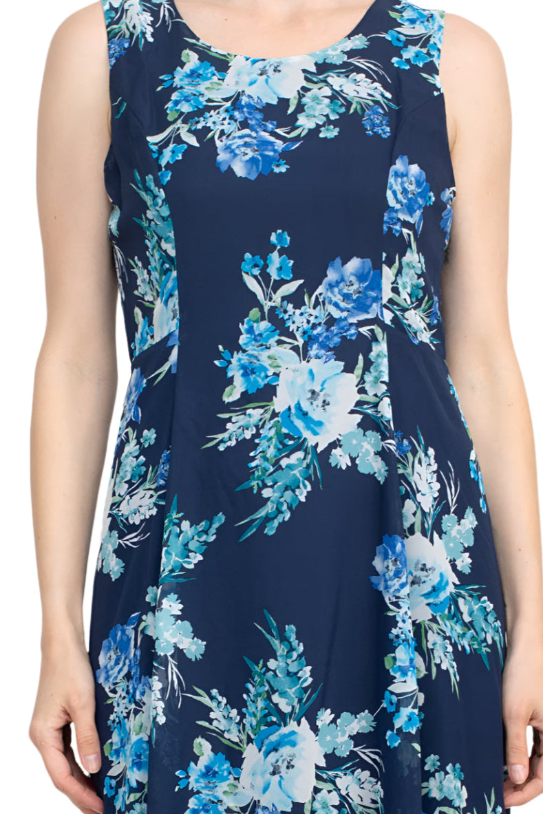 Studio One Scoop Neck Sleeveless A-Line Floral Print Chiffon Dress with 3/4 Sleeve Textured Bolero - BLUE MULTI - Front Detail