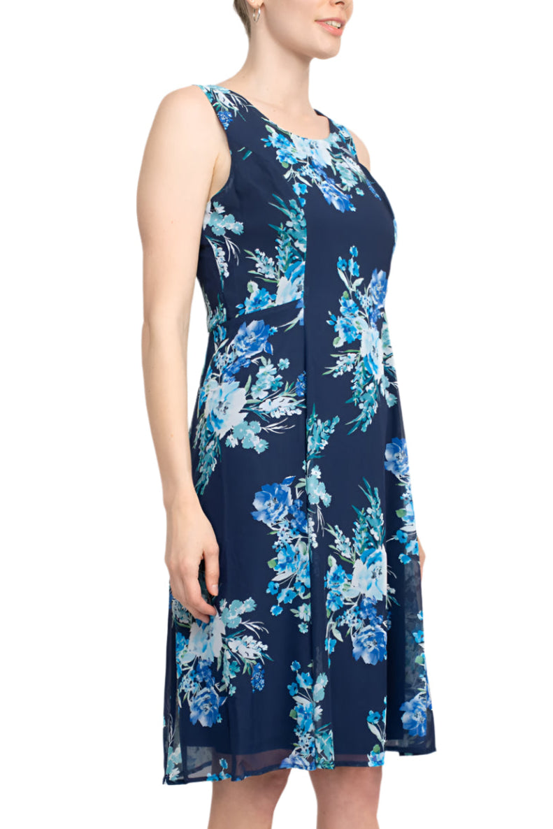 Studio One Scoop Neck Sleeveless A-Line Floral Print Chiffon Dress with 3/4 Sleeve Textured Bolero - BLUE MULTI - Side Without Jacket